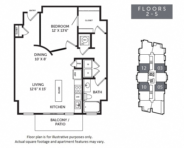 Floor plan for 1 bed, 1 bath, 897 sqft